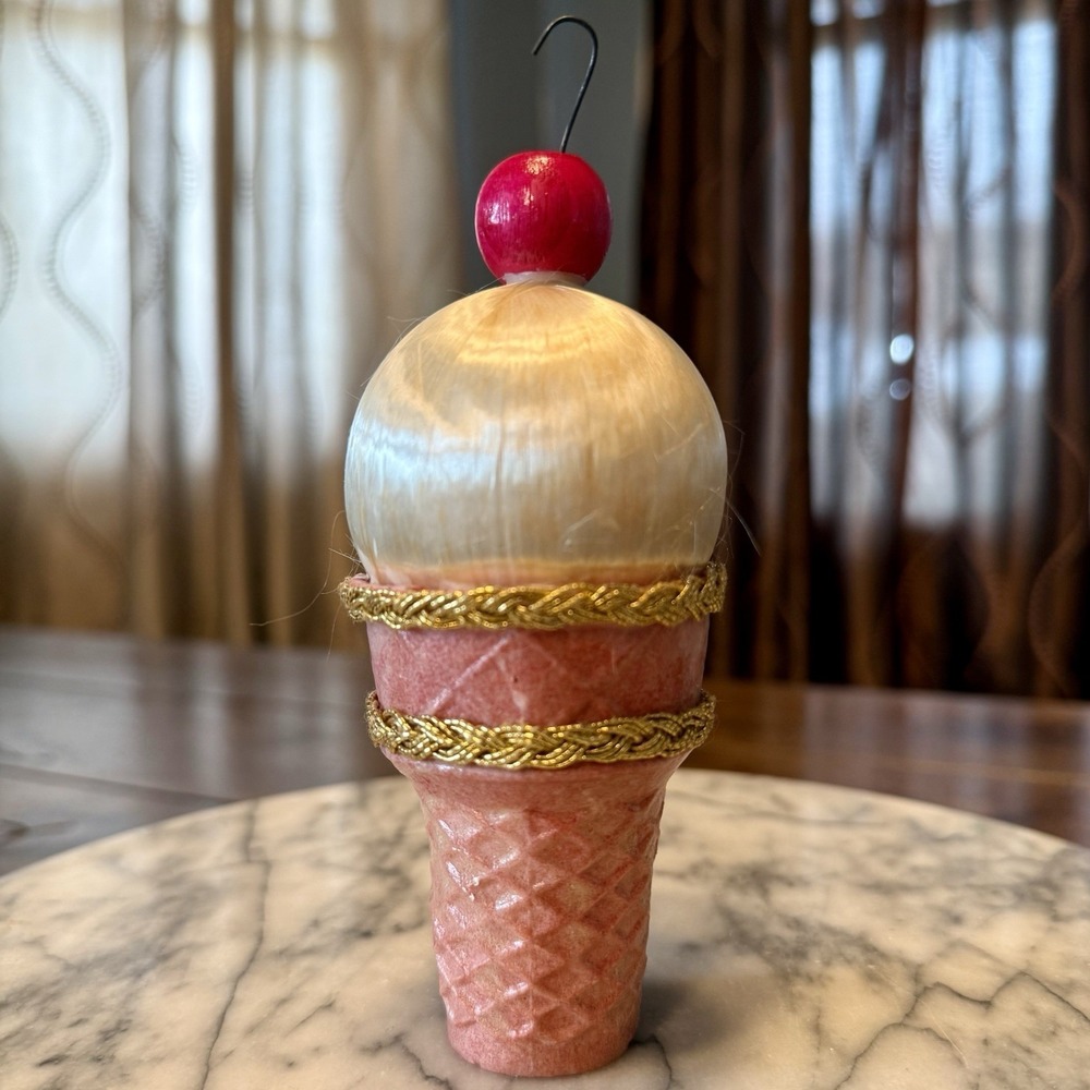 VTG 70s Ice Cream Real Cone Handmade Spun Silk Christmas Ornament Satin Wrapping